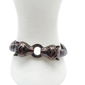 Enamel Rhinestone Lion Tiger Head Bangle Bracelet Brass Tone Vintage